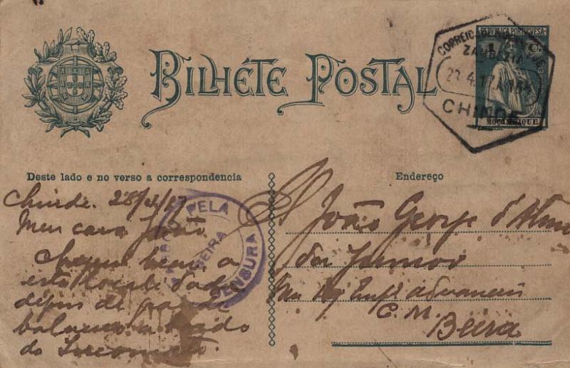 0984.jpg -     Lote:    984                   Descrição:         1914/19 - 1.ª Guerra Mundial. Censuras. 1914 &mdash; Ceres. OM28, 1C verde, circulado do Chinde (28.04.17) para a Beira. Carimbo de duplo círculo de censura, batido a violeta "PASSOU PELA CENSURA / BEIRA", tipo grande.        IC       Valor Base:     &euro; 15,00     Valor Venda:     &euro; 50,00     
