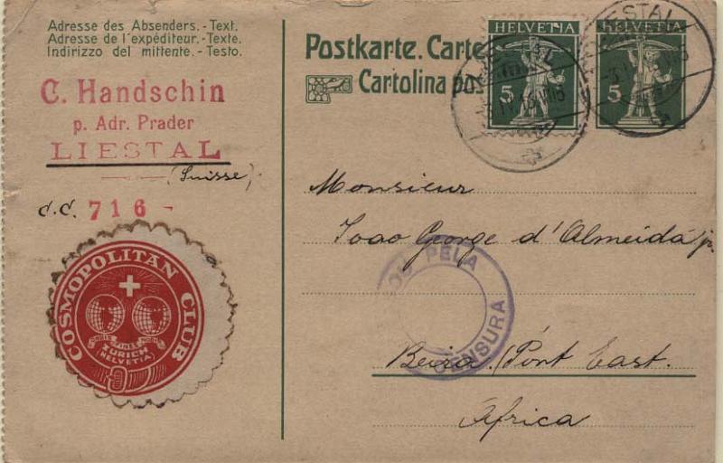 0985.jpg -     Lote:    985                   Descrição:         1914/19 &mdash; 1.ª Guerra Mundial. Censuras. Inteiro postal da Suiça de 5c + selo adicional de 5c verde (William Tell's), circulado de Liestal (03.11.16) para a Beira. Carimbo de censura da Beira batido a violeta "PASSOU PELA CENSURA".        IC       Valor Base:     &euro; 15,00     Valor Venda:     &euro; 65,00     