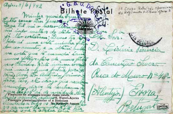 0991.jpg -     Lote:    991                   Descrição:         2.ª Guerra Mundial. Censuras. Postal ilustrado, com selo arrancado, circulado de Ponta Delgada (08.06.42) para Évora. Carimbo batido a violeta "1.º G. B. O. DO R. A. L. 3 / AÇORES.        PI       Valor Base:     &euro; 10,00     Valor Venda:     &euro; 12,00     