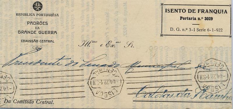1006.jpg -     Lote:    1006                   Descrição:         Isentos de Franquia. Padrões da Grande Guerra. Circular isenta de franquia, circulada de Lisboa (04.04.22) para as Caldas da Rainha. Isenção impressa "ISENÇÃO DE FRANQUIA / PORTARIA N.º 3029 / D.G. N.º 3 &mdash; 1 SÉRIE 6-1-922". MB e MR.        Carta       Valor Base:     &euro; 30,00     Valor Venda:     Retirado     