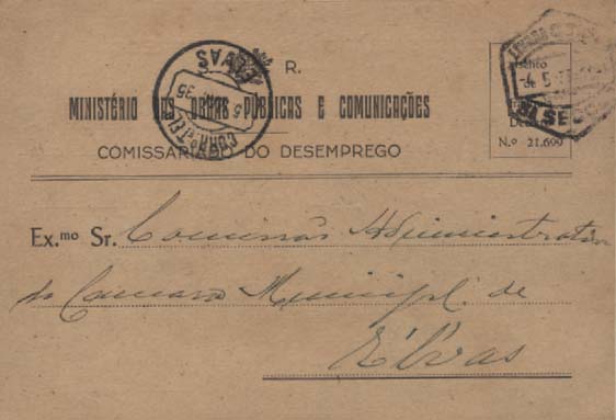 1007.jpg -     Lote:    1007                   Descrição:         Isentos de franquia. Postal do Ministério das Obras Públicas e Comunicações * Comissariado do Desemprego, circulado de Lisboa (04.05.35) para Elvas (05.05.35), isento de franquia ao abrigo do Decreto 21.699.        PI       Valor Base:     &euro; 10,00     Valor Venda:     Retirado     
