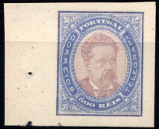 1012.jpg -     Lote:    1012            Portugal       Descrição:         1884/87 &mdash; D. Luís I, de frente. Novos valores. CE64, 500 reis. Prova não denteada em ultramar e violeta, bordo de folha. Valor de catálogo &euro; 147,00.        PRV       Valor Base:     &euro; 20,00     Valor Venda:     &euro; 26,00     