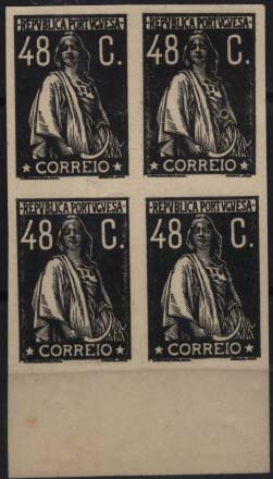 1018.jpg -     Lote:    1018            Portugal       Descrição:         1924/26 &mdash; Ceres. Novas taxas e cores. Quadra de provas de 48C em preto, não denteadas, em papel branco liso, sem goma. Cor não aprovada. MB.        PRV       Valor Base:     &euro; 20,00     Valor Venda:     Retirado     