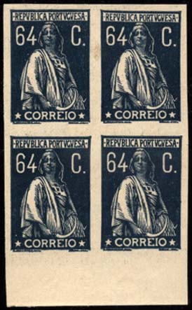 1021.jpg -     Lote:    1021            Portugal       Descrição:         1924/26 &mdash; Ceres. Novas taxas e cores. Quadra de provas de 64C em azul ultramar, não denteadas, em papel liso branco, sem goma. Cor aprovada. MB.        PRV       Valor Base:     &euro; 20,00     Valor Venda:     Retirado     