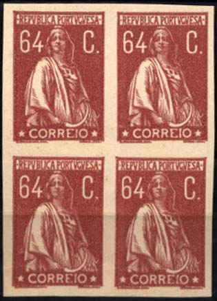 1022.jpg -     Lote:    1022            Portugal       Descrição:         1924/26 &mdash; Ceres. Novas taxas e cores. Quadra de provas de 64C em castanho vermelho, não denteadas, em papel amarelado, pontinhado horizontal muito leve, sem goma. Cor aprovada. MB.        PRV       Valor Base:     &euro; 20,00     Valor Venda:     &euro; 20,00     