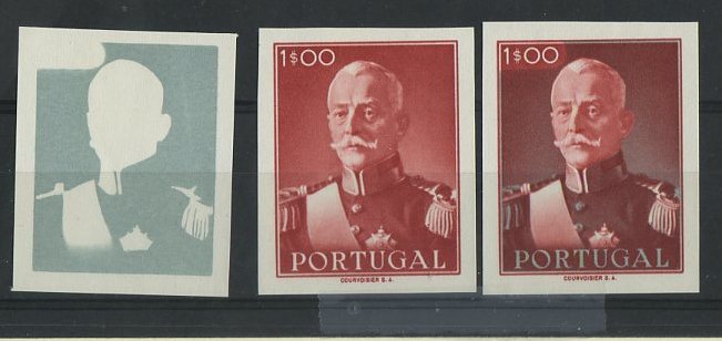 1038.jpg -     Lote:    1038            Portugal       Descrição:         1945 &mdash; Presidente Carmona. CE656, 1$00. Lote de 3 provas progressivas, não denteadas, em papel porcelana. Provas do arquivo da Courvoisier SA. MB e MR.        PRV       Valor Base:     &euro; 30,00     Valor Venda:     &euro; 55,00     