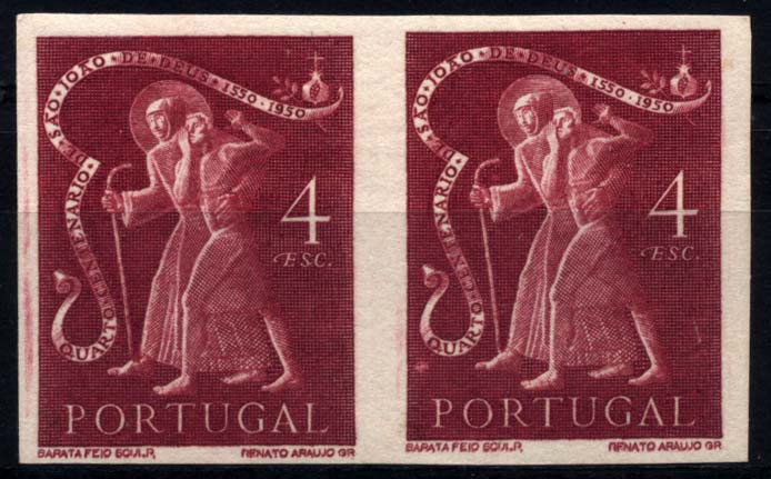 1043.jpg -     Lote:    1043            Portugal       Descrição:         1950 &mdash; 4.º Centenário da Morte de S. João de Brito. CE728, 4E. Par horizontal de provas de cor (magenta escuro), não denteadas, em papel liso gomado. Cor não aprovada. MB e MR.        PRV       Valor Base:     &euro; 20,00     Valor Venda:     &euro; 22,00     