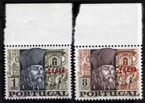 1047.jpg -     Lote:    1047            Portugal       Descrição:         1968 &mdash; Bento de Goês. CE1020/21. Série completa, denteada, nas cores finais, com sobrecarga a vermelho "PROVA".        PRV       Valor Base:     &euro; 10,00     Valor Venda:     Retirado     