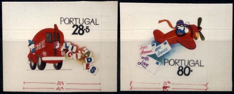 1050.jpg -     Lote:    1050            Portugal       Descrição:         1989 &mdash; Felicitações. Lote de duas provas fotográficas a cores dos dois motivos aprovados CE1877/78, porém com as taxas de 28$50 e 80$00 em vez das aprovadas de 29$00 e 60$00. MB e MR.        PRV       Valor Base:     &euro; 8,00     Valor Venda:     &euro; 14,00     