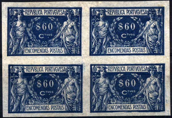 1070.jpg -     Lote:    1070            Portugal       Descrição:         1920/22 &mdash; Encomendas Postais. Comércio e Indústria. CE EP8, 60C. Quadra de provas não denteadas, em azul (cor aprovada) em papel cebola. MB e R.        PRV       Valor Base:     &euro; 12,00     Valor Venda:     Retirado     