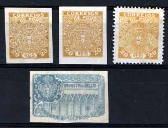 1073.jpg -     Lote:    1073            Portugal       Descrição:         1919 &mdash; Não Emitidos. Escudo Nacional Monárquico. Lote de 3 provas de 20 reis amarelo, sendo duas não denteadas e uma dentada em 11 &frac12; + prova em azul cinzento para estampilha do imposto de selo. MB e R.        PRV       Valor Base:     &euro; 15,00     Valor Venda:     &euro; 15,00     