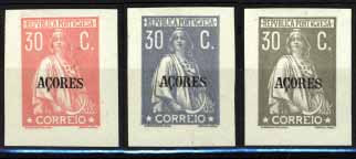 1077.jpg -     Lote:    1077            Açores       Descrição:         1918/20 &mdash; Ceres do Continente com sobrecarga AÇORES. Lote de 3 provas não denteadas em papel pontinhado, gomadas, da taxa de 30C, nas cores rosa, ultramar e cinzento. MB e MR.        PRV       Valor Base:     &euro; 20,00     Valor Venda:     Retirado     