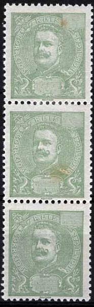 1081.jpg -     Lote:    1081            Ultramar       Descrição:         1898/1903 &mdash; D. Carlos I tipo Mouchon. Tira vertical de 3 provas, denteadas, com goma original (dois pontos de óxido). Serve qualquer uma das colónias.        PRV       Valor Base:     &euro; 12,00     Valor Venda:     &euro; 42,00     