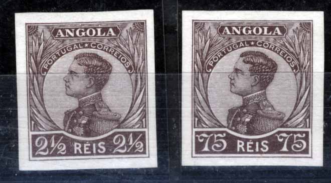 1084.jpg -     Lote:    1084            Angola       Descrição:         1910 &mdash; D. Manuel II. Lote de duas provas de 2 &frac12; e 75 reis em castanho escuro, não denteadas. MB e R.        PRV       Valor Base:     &euro; 10,00     Valor Venda:     &euro; 30,00     