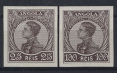 1085.jpg -     Lote:    1085            Angola       Descrição:         1910 &mdash; D. Manuel II. Lote de duas provas de cor não denteadas, de 25 e 100 reis em castanho chocolate, sobre papel porcelana. MB.        PRV       Valor Base:     &euro; 20,00     Valor Venda:     &euro; 26,00     