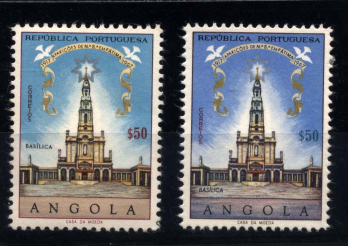 1086.jpg -     Lote:    1086            Angola       Descrição:         1967 &mdash; Cinquentenário das Aparições de Nossa Senhora de Fátima. CE518, $50. Prova de cor, com colocação diferenciada das legendas em relação à versão aprovada. Acompanha original para comparação.        PRV       Valor Base:     &euro; 15,00     Valor Venda:     &euro; 15,00     