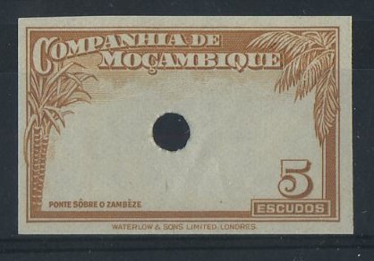 1091.jpg -     Lote:    1091            Moçambique       Descrição:         1937 &mdash; Motivos locais. CE188, 5E. Prova não denteada da moldura, na cor aprovada, com furo de segurança da casa impressora.        PRV       Valor Base:     &euro; 5,00     Valor Venda:     &euro; 5,00     