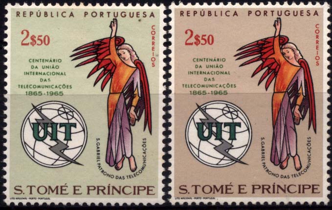 1095.jpg -     Lote:    1095            S. Tomé e Príncipe       Descrição:         1965 &mdash; Centenário da União Internacional das Telecomunicações. CE379, 2$50. Prova de cor. Acompanha original para comparação.        PRV       Valor Base:     &euro; 20,00     Valor Venda:     &euro; 28,00     