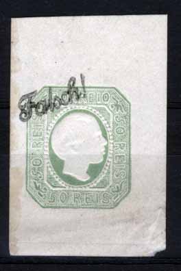 1096.jpg -     Lote:    1096            Portugal       Descrição:         1855/56 &mdash; D. Pedro V, cabelos lisos. CE8, 50 reis verde. Selo falso, com sobrecarga a preto "Falsch". Valor de catálogo &euro; 96,00.        ***       Valor Base:     &euro; 30,00     Valor Venda:     &euro; 42,00     