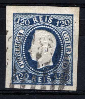 1097.jpg -     Lote:    1097            Portugal       Descrição:         1866/67 &mdash; D. Luís I, fita curva. Não denteados. CE26, 120 reis azul. Falso italiano, obliterado com carimbo mudo, também falso.        O       Valor Base:     &euro; 10,00     Valor Venda:     &euro; 10,00     