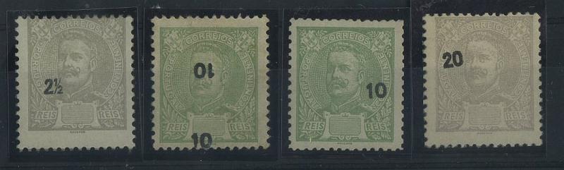 1099.jpg -     Lote:    1099            Portugal       Descrição:         1895/1898 &mdash; D. Carlos I tipo Mouchon. CE126, 128 e 130. Lote de 3 selos de 2 &frac12;, 10 e 20 reis com a impressão dos valores muito deslocadas + selo de 10 reis com dupla impressão do valor.        ***       Valor Base:     &euro; 12,00     Valor Venda:     &euro; 20,00     