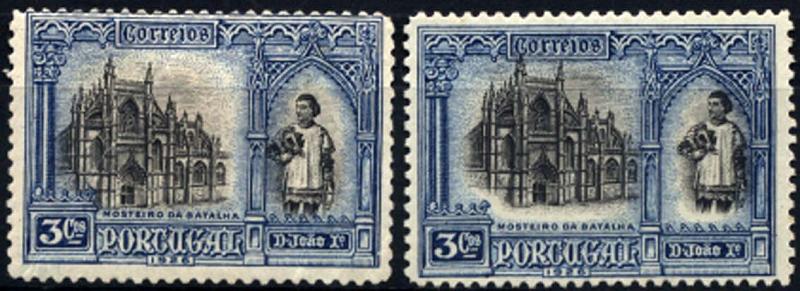 1102.jpg -     Lote:    1102            Portugal       Descrição:         1926 &mdash; Independência de Portugal (1.ª emissão). CE362, 3c ultramar. Lote de dois selos com a impressão dos centros deslocados. Um dos selos com um ligeiro ponto de óxido no verso.        ***/**       Valor Base:     &euro; 10,00     Valor Venda:     &euro; 10,00     