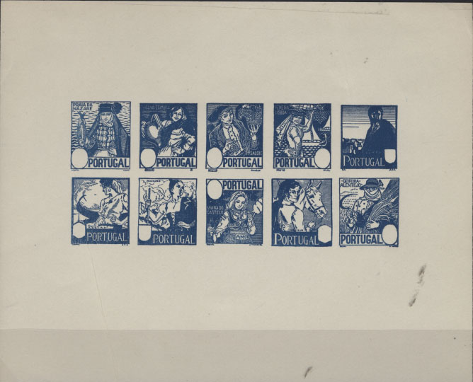 1105.jpg -     Lote:    1105            Portugal       Descrição:         1941 &mdash; Costumes Portugueses (1.ª emissão). Blocos. Prova falsa não denteada. BLC4, impressa em azul sobre papel couché.        PRV       Valor Base:     &euro; 25,00     Valor Venda:     &euro; 26,00     