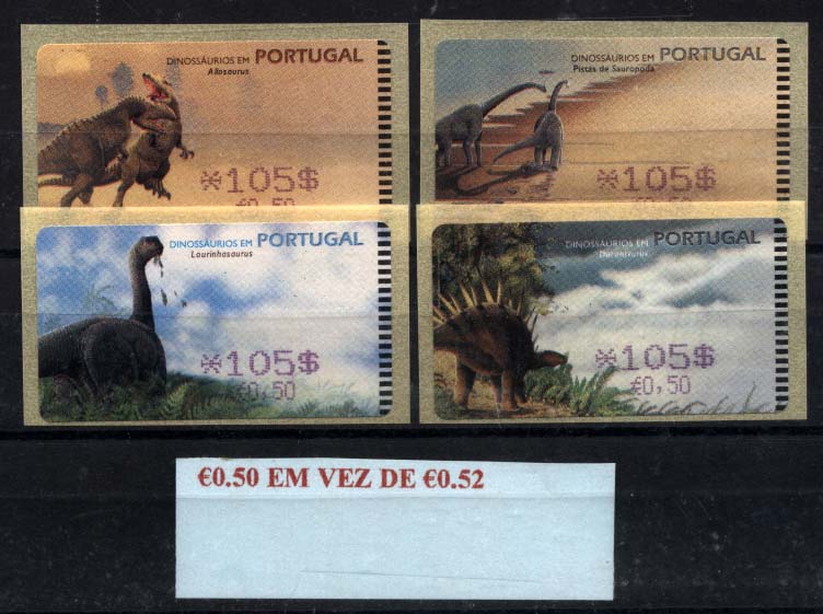 1113.jpg -     Lote:    1113            Portugal       Descrição:         1999 &mdash; Dinossáurios em Portugal. Máquina AMIEL. CE ETQ19A. Lote de 4 etiquetas com os 4 motivos com a taxa de 105$ / &euro; 0,50 em vez de 105$ / &euro; 0,52.        ETQ       Valor Base:     &euro; 12,00     Valor Venda:     Retirado     