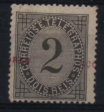 1115.jpg -     Lote:    1115            Açores       Descrição:         1885 &mdash; Taxa de Telegramas, com sobrecarga AÇORES. CE51, 2 reis preto, denteado 12 &frac12;, com sobrecarga vermelha deslocada.        **       Valor Base:     &euro; 8,00     Valor Venda:     &euro; 12,00     
