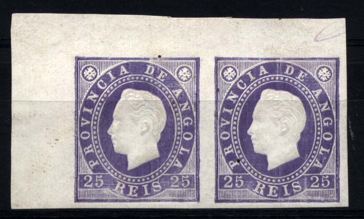 1121.jpg -     Lote:    1121            Angola       Descrição:         1886 &mdash; D. Luís I. Fita direita. CE18, 25 reis violeta. Par horizontal de provas, canto de folha, não denteado. MB e MR.        ***       Valor Base:     &euro; 20,00     Valor Venda:     &euro; 26,00     