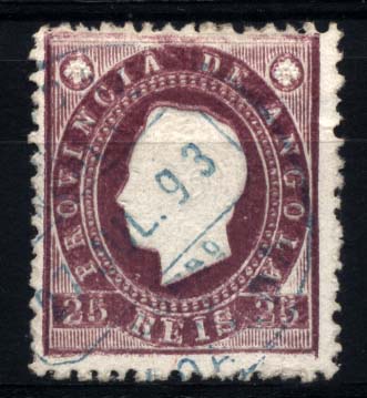 1122.jpg -     Lote:    1122            Angola       Descrição:         1886 &mdash; D. Luís I. Fita direita. CE18, 25 reis lilás escuro. Selo com dupla impressão da cor.        O       Valor Base:     &euro; 15,00     Valor Venda:     &euro; 18,00     