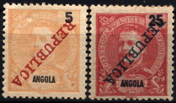 1125.jpg -     Lote:    1125            Angola       Descrição:         1911 &mdash; D. Carlos I tipo Mouchon, com sobrecarga REPUBLICA da Casa da Moeda. Lote composto por dois selos: um 5 reis amarelo CE89 + 25 reis carmim CE93, ambos com a sobrecarga invertida.        **       Valor Base:     &euro; 10,00     Valor Venda:     &euro; 18,00     