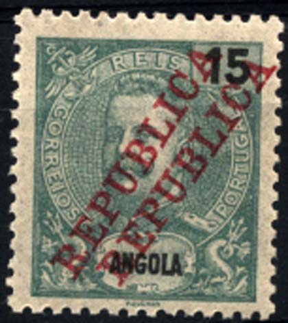1126.jpg -     Lote:    1126            Angola       Descrição:         1911 &mdash; D. Carlos I tipo Mouchon, com sobrecarga REPUBLICA da Casa da Moeda. CE91, 15 reis verde com dupla sobrecarga.        ***       Valor Base:     &euro; 8,00     Valor Venda:     &euro; 22,00     