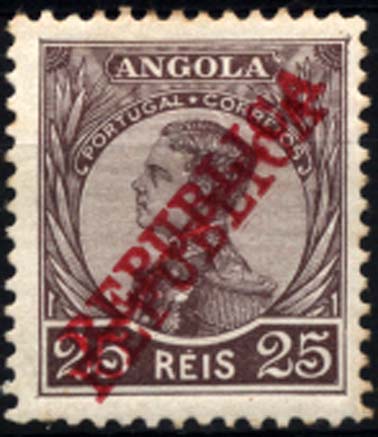 1130.jpg -     Lote:    1130            Angola       Descrição:         1912 &mdash; D. Manuel II com sobrecarga REPUBLICA da Casa da Moeda. CE107, 25 reis castanho. Selo com dupla sobrecarga.        **       Valor Base:     &euro; 8,00     Valor Venda:     &euro; 30,00     