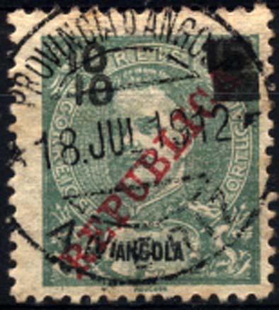 1134.jpg -     Lote:    1134            Angola       Descrição:         1912 &mdash; D. Carlos I Mouchon com sobrecarga REPUBLICA da Casa da Moeda e sobretaxa tipografada localmente. CE115. 10 s/ 15 reis verde. Selo com dupla impressão da sobretaxa.        O       Valor Base:     &euro; 10,00     Valor Venda:     &euro; 18,00     