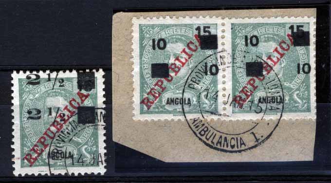 1137.jpg -     Lote:    1137            Angola       Descrição:         1912 &mdash; D. Carlos I, com sobretaxa. Lote composto por selo de 2 &frac12; s/ 15 reis verde com dupla sobretaxa + fragmento com par de 10 s/ 15 reis verde, com dupla sobrecarga, uma delas invertida e deslocada, e obliterados com carimbo da AMBULÂNCIA 1 do CFL. MB e MR.        O/FRG       Valor Base:     &euro; 25,00     Valor Venda:     &euro; 42,00     