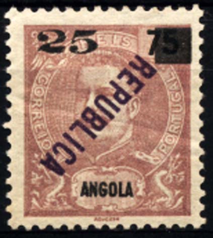 1140.jpg -     Lote:    1140            Angola       Descrição:         1912 &mdash; D. Carlos I Mouchon com sobrecarga REPUBLICA e sobretaxa tipografada localmente. CE117, 25 s/ 75 reis lilás, com sobrecarga invertida.        **       Valor Base:     &euro; 15,00     Valor Venda:     &euro; 22,00     