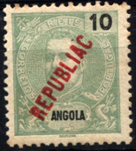 1143.jpg -     Lote:    1143            Angola       Descrição:         1914 &mdash; D. Carlos I tipo Mouchon, com sobrecarga REPUBLICA tipografada localmente. CE158, 10 reis verde. Selo com erro na sobrecarga "REPUBLIAC".        **       Valor Base:     &euro; 10,00     Valor Venda:     &euro; 12,00     