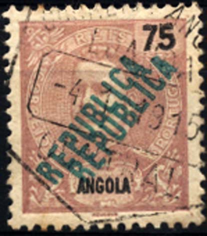 1146.jpg -     Lote:    1146            Angola       Descrição:         1914 &mdash; D. Carlos I Mouchon com sobrecarga REPUBLICA tipografada localmente. CE161, 75 reis  castanho violeta. Selo com dupla sobrecarga a verde. Valor de catálogo &euro; 30.00.        O       Valor Base:     &euro; 15,00     Valor Venda:     &euro; 18,00     