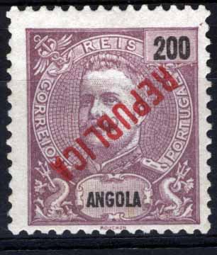 1148.jpg -     Lote:    1148            Angola       Descrição:         1914 &mdash; D. Carlos I Mouchon, com sobrecarga REPUBLICA local. CE163, 200 reis lilás com a sobrecarga invertida.        *       Valor Base:     &euro; 10,00     Valor Venda:     &euro; 20,00     