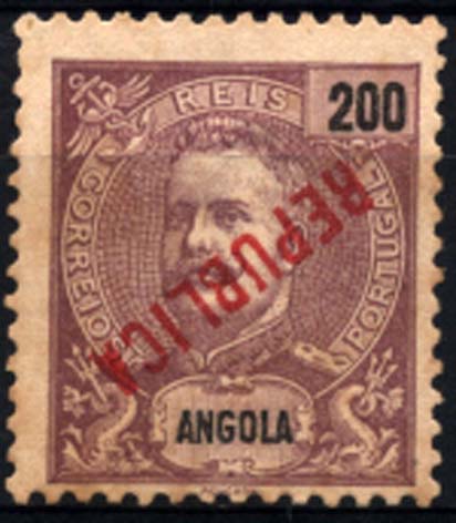1149.jpg -     Lote:    1149            Angola       Descrição:         1914 &mdash; D. Carlos I Mouchon com sobrecarga REPUBLICA tipografada localmente. CE163, 200 reis lilás, com sobrecarga invertida. Vestígios de óxido no verso.        **       Valor Base:     &euro; 8,00     Valor Venda:     &euro; 8,00     