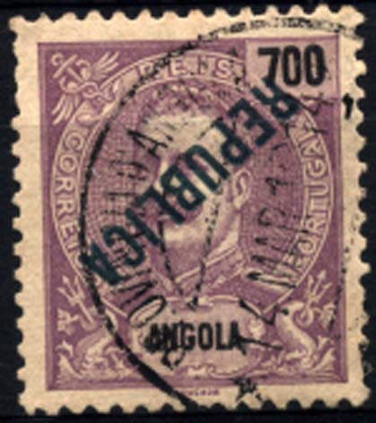1150.jpg -     Lote:    1150            Angola       Descrição:         1914 &mdash; D. Carlos I Mouchon com sobrecarga REPUBLICA tipografada localmente. CE166 700 reis violeta s/ amarelo com sobretaxa invertida.        O       Valor Base:     &euro; 20,00     Valor Venda:     &euro; 40,00     