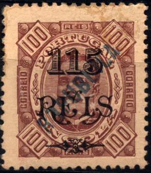 1151.jpg -     Lote:    1151            Angola       Descrição:         1914 &mdash; D. Carlos I tipo Diogo Neto (emissão de 1902) com sobrecarga REPUBLICA local. CE171, 115 s/ 100 reis castanho s/ amarelo, denteado 12 &frac12;, com sobrecarga batida a verde. FALSA. Certificado do ISPP.        **       Valor Base:     &euro; 15,00     Valor Venda:     &euro; 55,00     