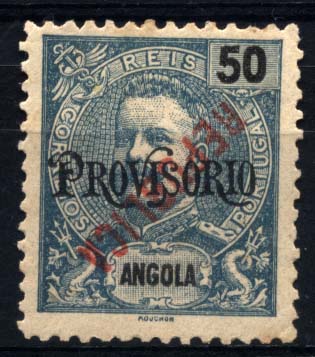 1152.jpg -     Lote:    1152            Angola       Descrição:         1914 &mdash; D. Carlos I com sobrecarga PROVISÓRIO + sobrecarga REPUBLICA local. CE176, 50 reis azul, com a sobrecarga REPUBLICA invertida.        **       Valor Base:     &euro; 10,00     Valor Venda:     &euro; 14,00     
