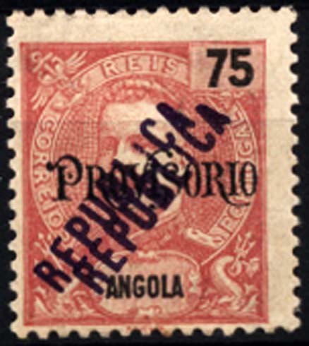 1155.jpg -     Lote:    1155            Angola       Descrição:         1914 &mdash; D. Carlos I com sobrecargas PROVISÓRIO e REPUBLICA tipografada localmente. CE177, 75 reis carmim. Selo com dupla sobrecarga.        *       Valor Base:     &euro; 15,00     Valor Venda:     &euro; 36,00     