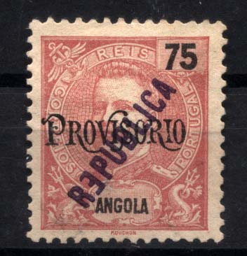1156.jpg -     Lote:    1156            Angola       Descrição:         1914 &mdash; D. Carlos I com sobrecarga PROVISÓRIO + sobrecarga REPUBLICA local. CE177, 75 reis carmim. Selo com a letra "E" invertida (efeito de espelho) da palavra REPUBLICA.        *       Valor Base:     &euro; 10,00     Valor Venda:     &euro; 26,00     
