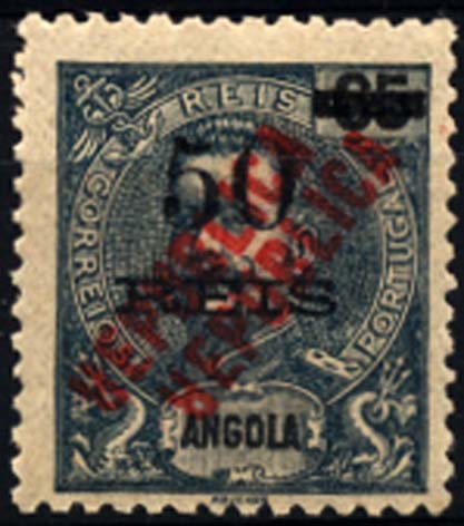 1158.jpg -     Lote:    1158            Angola       Descrição:         1914 &mdash; D. Carlos I Mouchon com sobretaxa e sobrecarga REPUBLICA tipografada localmente. CE178 50 s/ 65 reis azul. Selo com dupla sobrecarga, com a letra "R" invertida (efeito de espelho).        O       Valor Base:     &euro; 20,00     Valor Venda:     &euro; 34,00     