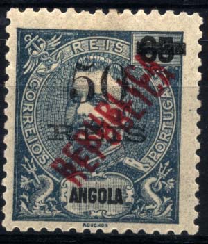 1159.jpg -     Lote:    1159            Angola       Descrição:         1914 &mdash; D. Carlos I com sobretaxa, emissão de 1905 + sobrecarga REPUBLICA local. CE178, 50 s/ 65 reis azul. Selo com dupla sobrecarga REPUBLICA.        **       Valor Base:     &euro; 10,00     Valor Venda:     &euro; 18,00     
