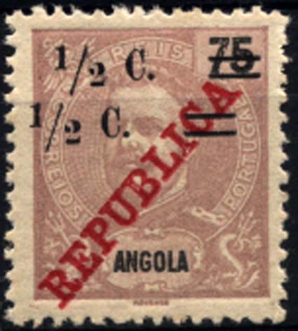 1160.jpg -     Lote:    1160            Angola       Descrição:         1919 &mdash; D. Carlos I Mouchon, com sobrecarga REPUBLICA da Casa da Moeda e sobretaxa. CE188, &frac12; c s/ 75 reis castanho violeta, com dupla sobretaxa.        **       Valor Base:     &euro; 6,00     Valor Venda:     &euro; 26,00     