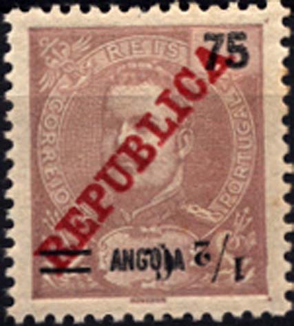 1161.jpg -     Lote:    1161            Angola       Descrição:         1919 &mdash; D. Carlos I Mouchon, com sobrecarga REPUBLICA da Casa da Moeda e sobretaxa. CE188, &frac12; c s/ 75 reis castanho violeta, com sobretaxa invertida.        **       Valor Base:     &euro; 6,00     Valor Venda:     &euro; 16,00     